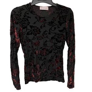 Monella Italy Black Semi Sheer Top with Red Velet Floral Overlay